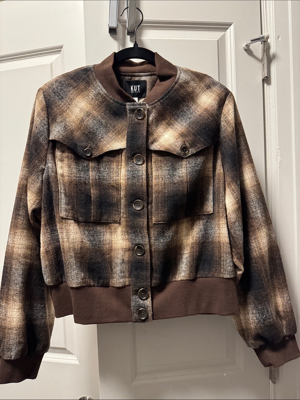 Kut from the Kloth Brown Flannel Plaid Bomber with Ribbed Trim size Large